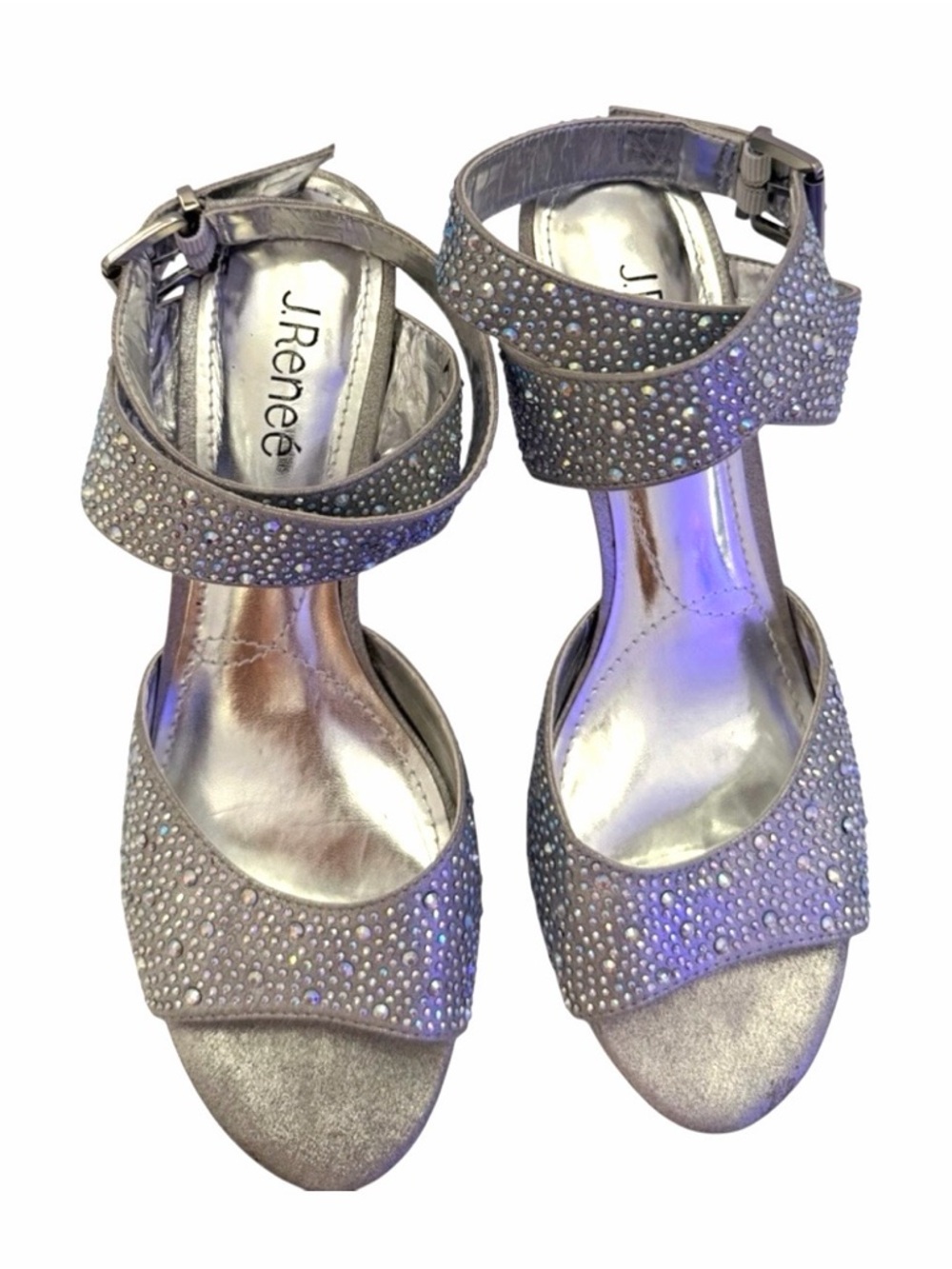 J. Renee Soncino Silver Rhinestone Ankle Strap Sandals Low Kitten Heels 9M